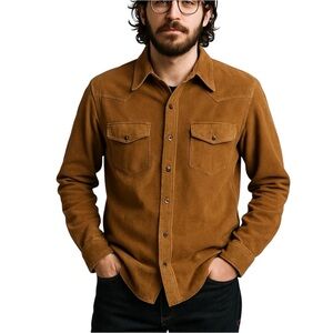 CODY JAMES Men’s Brown Faux Suede Western Button Down Shirt Rockabilly Large